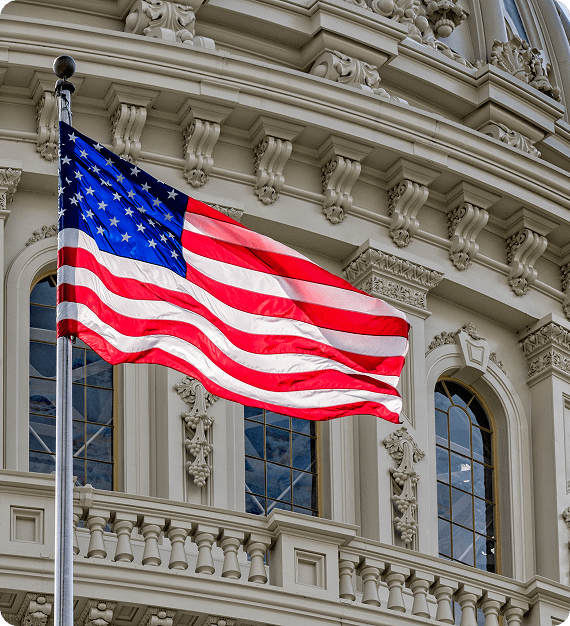 USA flag outside historic building